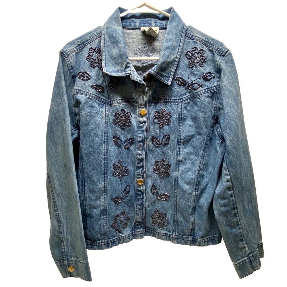 Step IN Style Denim Jacket Women's Large Blue Floral Embellish READ + See Photos